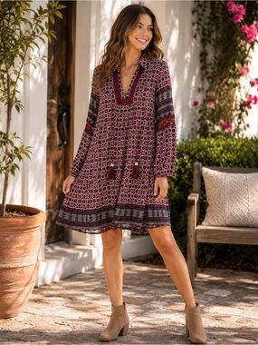 Meghan Los Angeles Boho Tassel Lace Sleeve Shift Dress Burgundy Cream Size Small